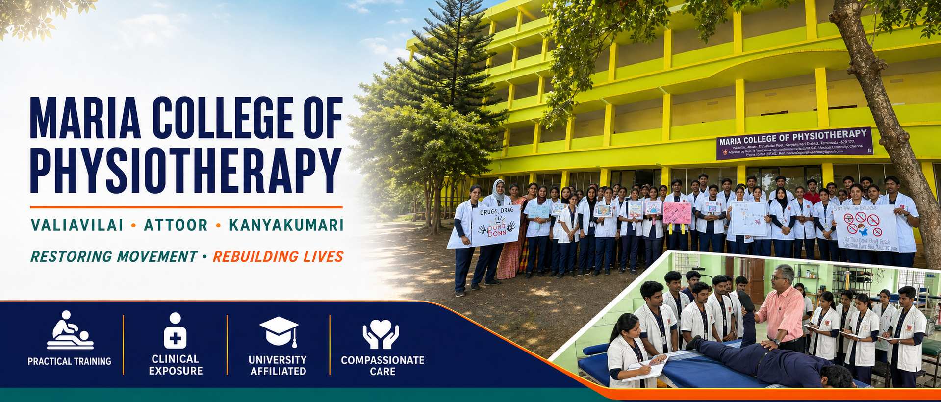 Maria College of Physiotherapy campus, students and practical physiotherapy training